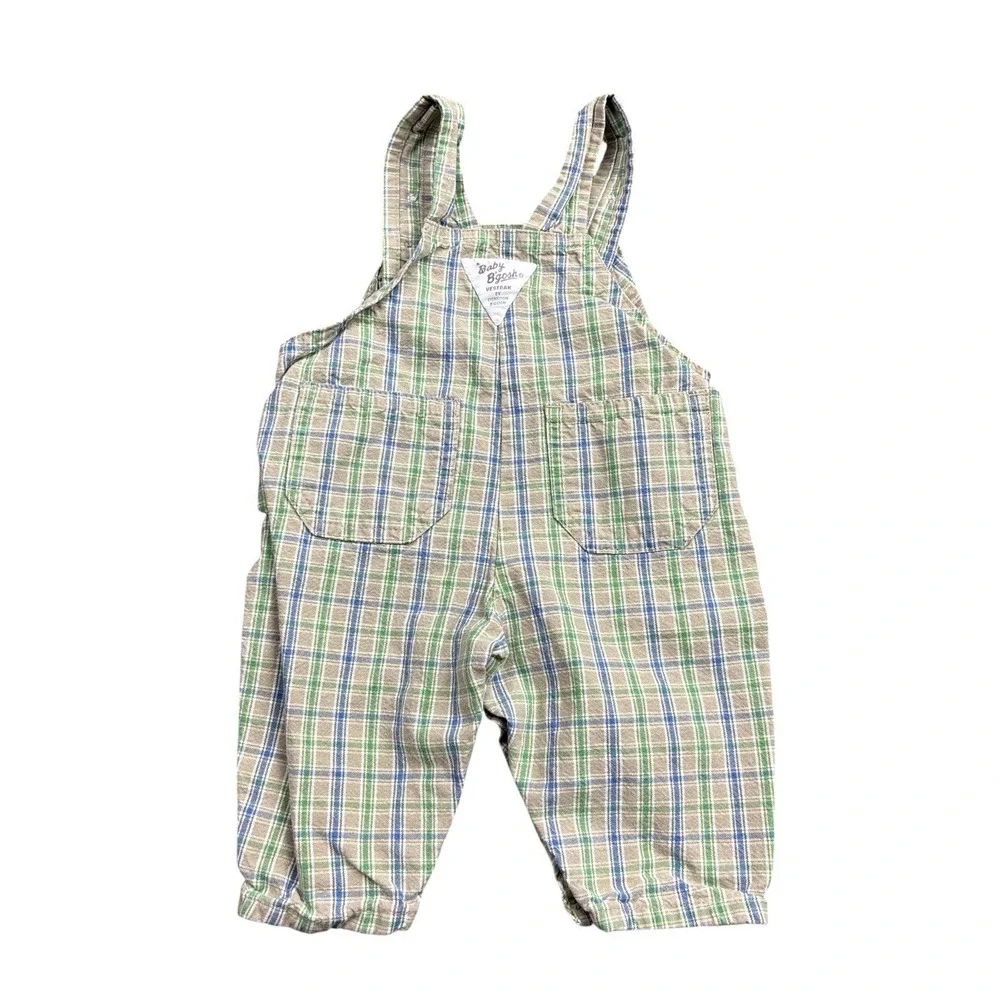 Vintage Oshkosh B'Gosh Overalls Baby 3-6 Months Beige Green Plaid Vestbak